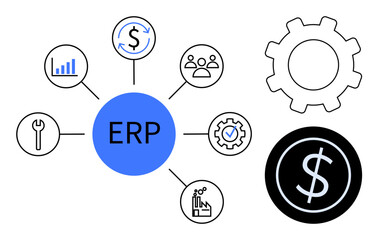 ERP at the center connected to finance, tools, analytics, people, manufacturing, and process icons. Ideal for business planning, process integration, finance tools management analytics teamwork