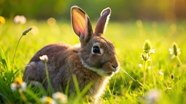 緑の草原と野の花に囲まれた、陽だまりの中のウサギのリアルなクローズアップ