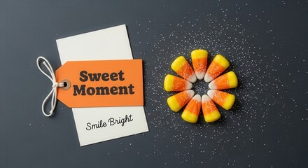 Close up of candy corn treats and a sweet moment card