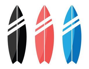 Surfboard icons in black, red, and aqua for surfing and beach sports logo and travel company branding