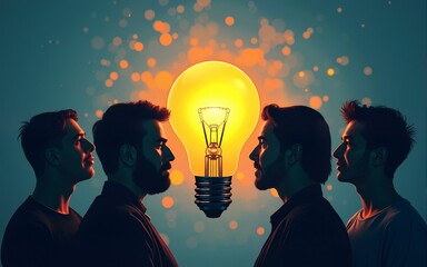 creativity, portraying a group's unified focus on a central lightbulb, a metaphor for teamwork inspired innovation and the collective pursuit of ideas. High quality