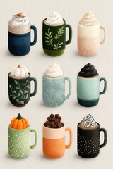 Colorful nine mug collection with whipped cream toppings for cozy autumn and holiday drinks