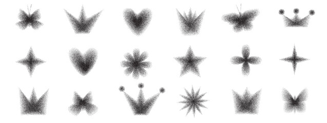 Y2k grounded powder icons set. Crown, flowers and butterfly grain noise shapes. Black dots sand texture hearts, twinkle stars and blinks. Vector black monochrome halftone gradient illustration.