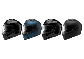 Four full face motorcycle helmets in black and blue color isolated on transparent background, offering safety and style for riders