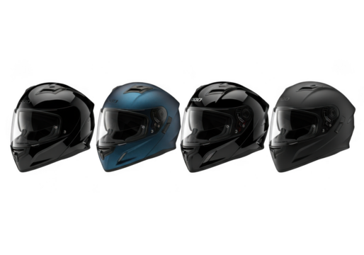 Four full face motorcycle helmets in black and blue color isolated on transparent background, offering safety and style for riders