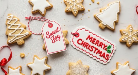 Festive Christmas Cookies and Gift Tags on a White Surface