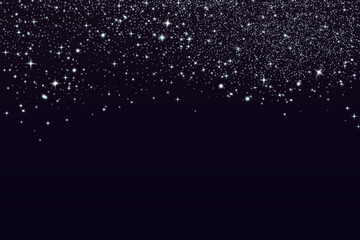 Snow glittering dust background. Shimmer spray effect for Christmas celebration banners. Shiny confetti, stardust white light powder texture. Festive particles on dark background. Vector illustration.