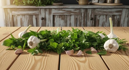 Fresh herbs with garlic cloves on wooden kitchen table