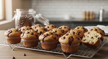 Freshly Baked Chocolate Chip Muffins Cooling on a Rack