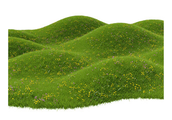 Fototapeta premium Isolated meadow landscape of rolling hills and green grass with wildflowers, summertime feel