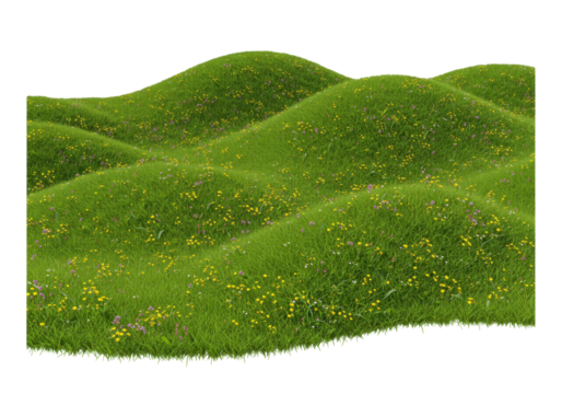 Isolated meadow landscape of rolling hills and green grass with wildflowers, summertime feel