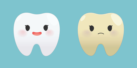 Cartoon healthy tooth and yellow decayed tooth comparison illustration
