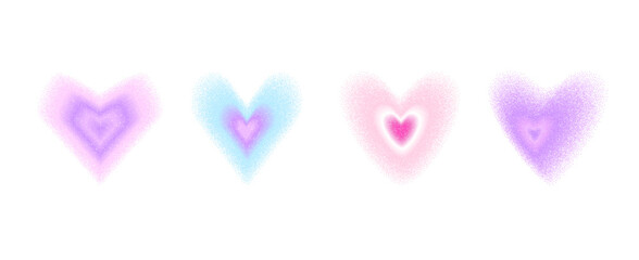 Grain blurred y2k heart icons. Gradient grainy noise love signs set. Pastel tones girly shapes. Transition pink, blue colors elements for stickers. Simple hearts pulse figures. Vector spray gradation.
