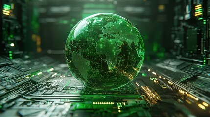 Green Earth globe hovers on a complex, futuristic circuit board base