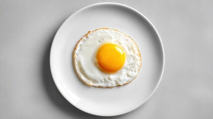 Sunny-side-up egg sits centered on a simple white plate, over a light grey background