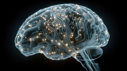 Three-dimensional rendered illustration of the human brain in light blue, a concept of mind and intelligence using X-ray technology