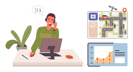 Man in headset at desk assisting with AI-driven traffic control dashboard, diagrams, technology. Ideal for communication, customer service, technology, AI, data analysis, traffic management modern