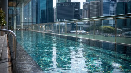 Rooftop infinity pool reflects cityscape, blue-green water, metal railing, and a city backdrop
