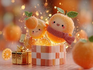 Vibrant 3D Anthropomorphic Orange Character Bursting from Golden Gift Box, E-commerce Scene Design