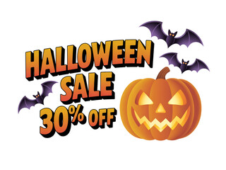 Spooky Halloween sale with 30% off and festive pumpkin, get ready for a hauntingly good promotion with bats flying around, perfect for seasonal marketing campaigns