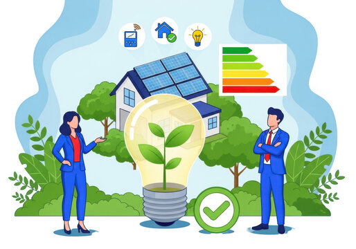 Illustration of a family house with solar panels, energy efficiency rating, and a light bulb with a plant inside, isolated on transparent background