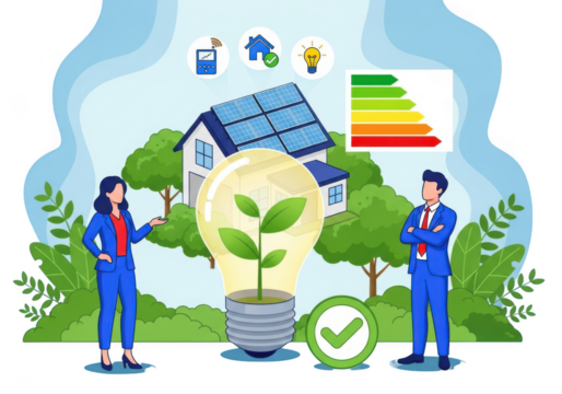 Illustration of a family house with solar panels, energy efficiency rating, and a light bulb with a plant inside, isolated on transparent background