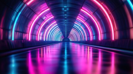 Illuminated tunnel with glowing neon arches and reflections creates depth of field
