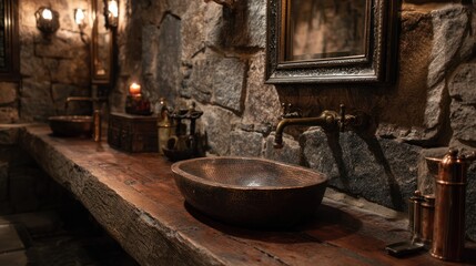 Rustic stone bathroom with wooden counter, brass fixtures, and dim, moody lighting