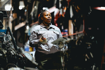 Female technician check used car damaged engine block at scrapyard warehouse recycle area part....