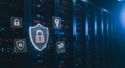 Cybersecurity shield with illuminated icons symbolizing data protection against the backdrop of a server room. It evokes a sense of digital defense and safeguarding information.