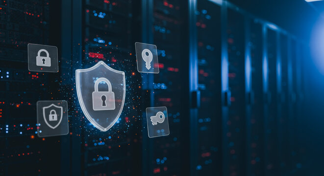Cybersecurity shield with illuminated icons symbolizing data protection against the backdrop of a server room. It evokes a sense of digital defense and safeguarding information.