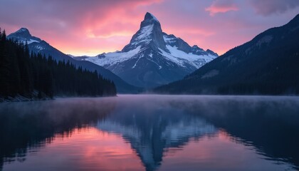 Scenic view of mountain lake during twilight with reflection. Snow covered peaks rise above calm water. Forest surrounds still lake. Pink clouds fill sky above landscape scene. Beautiful tranquil