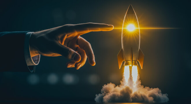 An image of a hand and a rocket symbolizes the dawn of a new era, representing innovation and the spirit of future development.