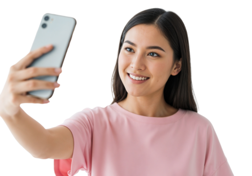 Young woman smiling while taking a selfie with a smartphone in a bright setting