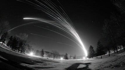 Night sky long exposure shows light streaks over snowy landscape in grayscale