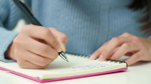Extreme close-up macro video of hands in a blue long-sleeved top diligently writing with a black pen on a white spiral notebook, creamy bokeh, concept of quiet study.