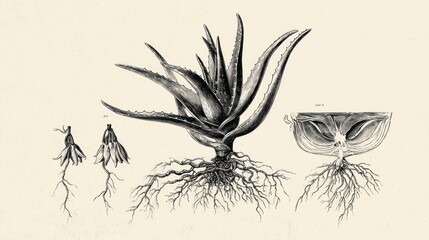 Sepia toned vintage illustration of aloe vera plant with roots and cross-section view