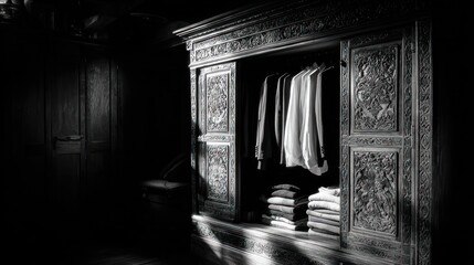 Ornate wooden wardrobe with hanging clothes, lit dramatically in monochrome