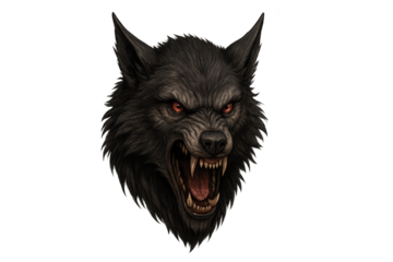 Dark snarling wolf head with red eyes and bared fangs, aggressive, close-up portrait