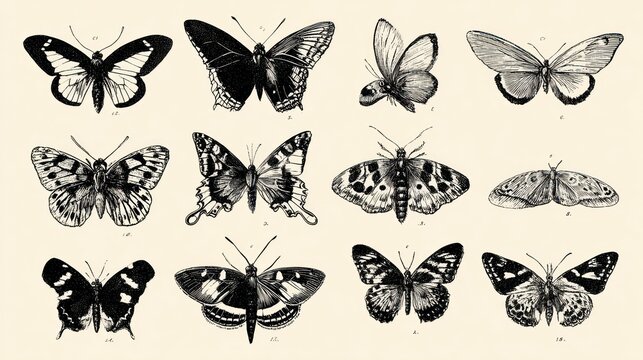 Twelve black and white butterfly/moth illustrations arranged on a cream-colored background