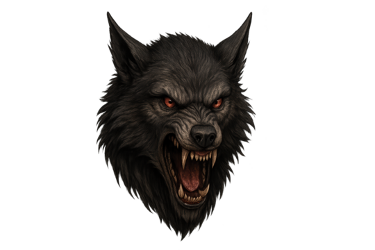 Dark snarling wolf head with red eyes and bared fangs, aggressive, close-up portrait