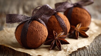 Delicious chocolate truffles with anise stars and ribbon on wooden background