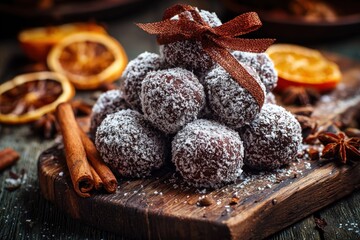 Pile of chocolate rum balls with cinnamon sticks and dried orange slices