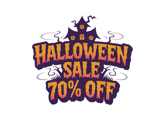 Spooky Halloween sale with 70% off for promotional ads, social media posts, and seasonal marketing campaigns featuring a haunted house for a festive touch