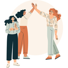 Three diverse women celebrating success with a high five against a soft circular backdrop in a minimalist style graphic illustration