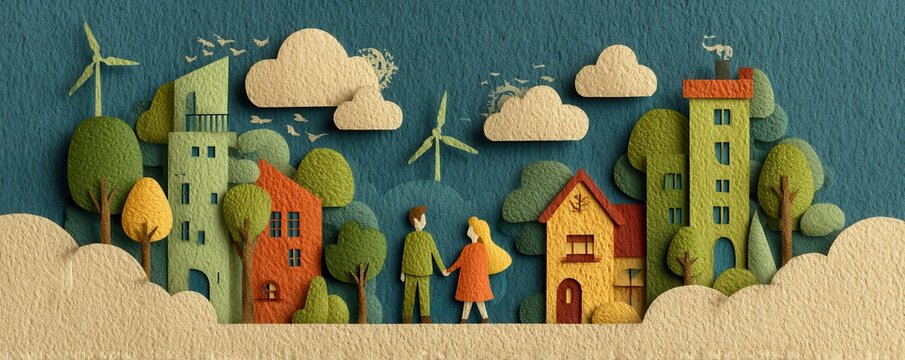 Eco-friendly paper cut illustration of sustainable houses and wind turbines - Powered by Adobe