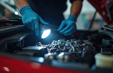 Mechanic with blue gloves examines car engine using flashlight. Pro repairman checks auto motor for damage. Auto service maintenance concept. Car repair workshop scene at garage.