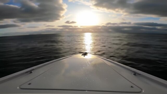 A low-angle POV tracking video from the bow of a sleek, white speedboat cutting smoothly through the deep blue ocean at golden hour with shimmering reflections and clouds. Serene adventure concept