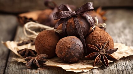 Delicious chocolate truffles with anise stars and ribbon on wooden background
