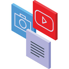 Three Digital Content Cards Featuring Camera Icon Play Button and Text Lines on Transparent Background in Isometric Perspective